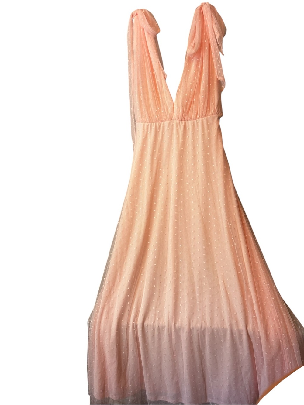 Allison & Kelly V neck Junior Elegant Pink Polka-Dot Mesh Maxi Nightgown